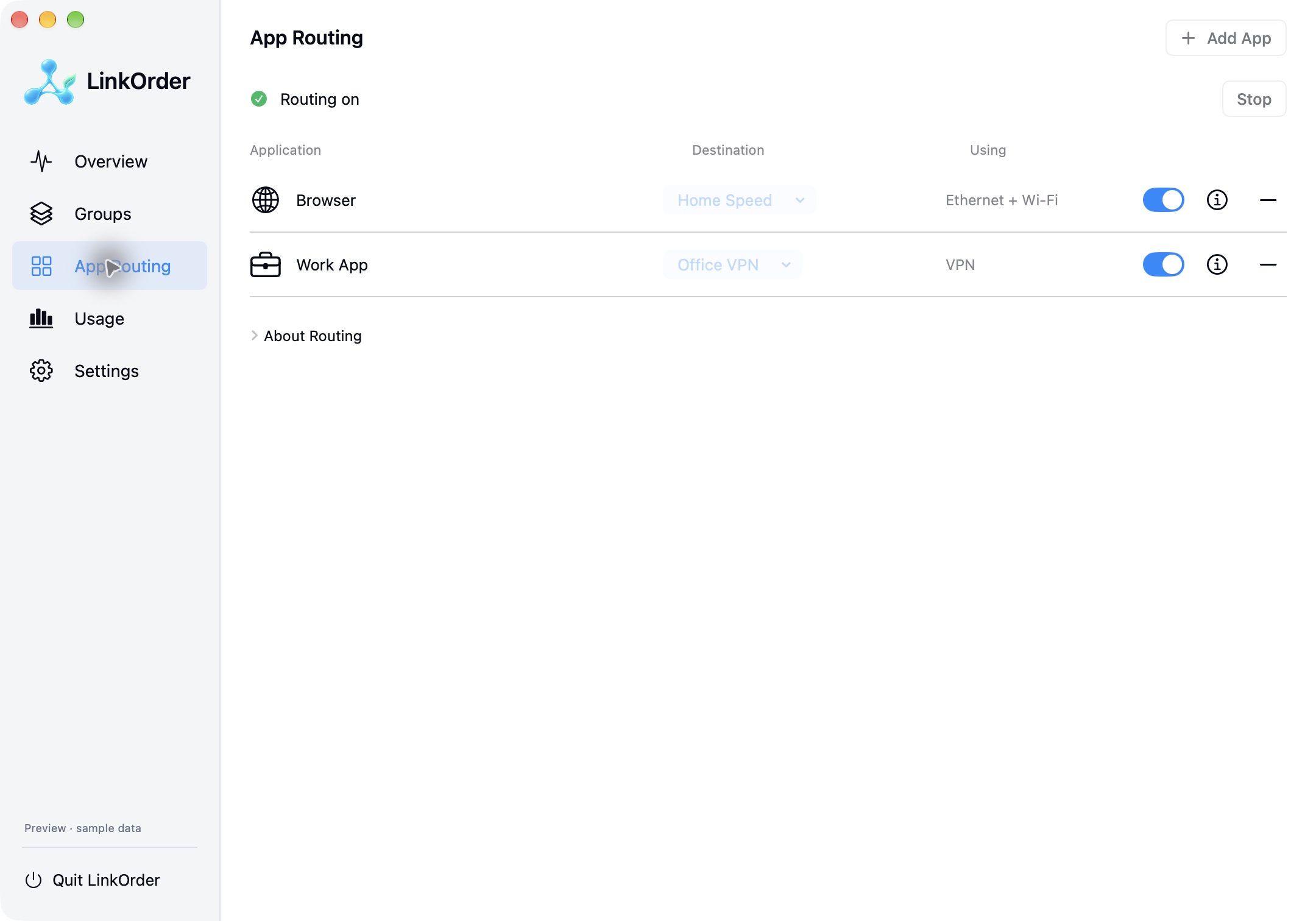 Link Order App Routing screen showing separate destinations for Browser and Work App